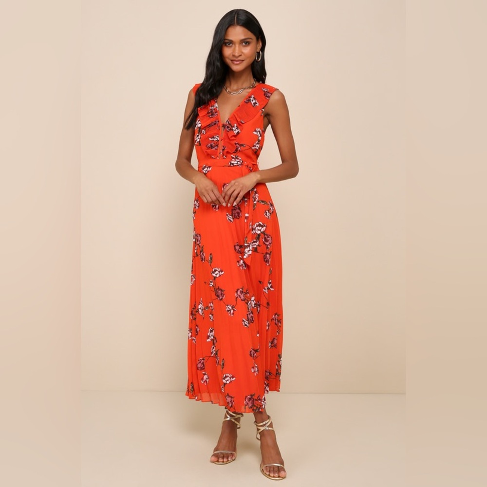 Loved By You Red Orange Floral Print Pleated Chiffon Maxi Dress